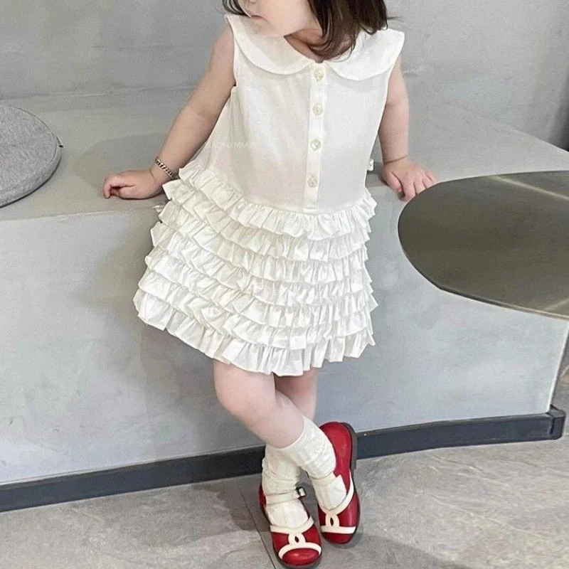 Children's Clothing 2025 Summer New Sweet White POLO Collar Vest Skirt Girls' Patchwork Pleated Cake