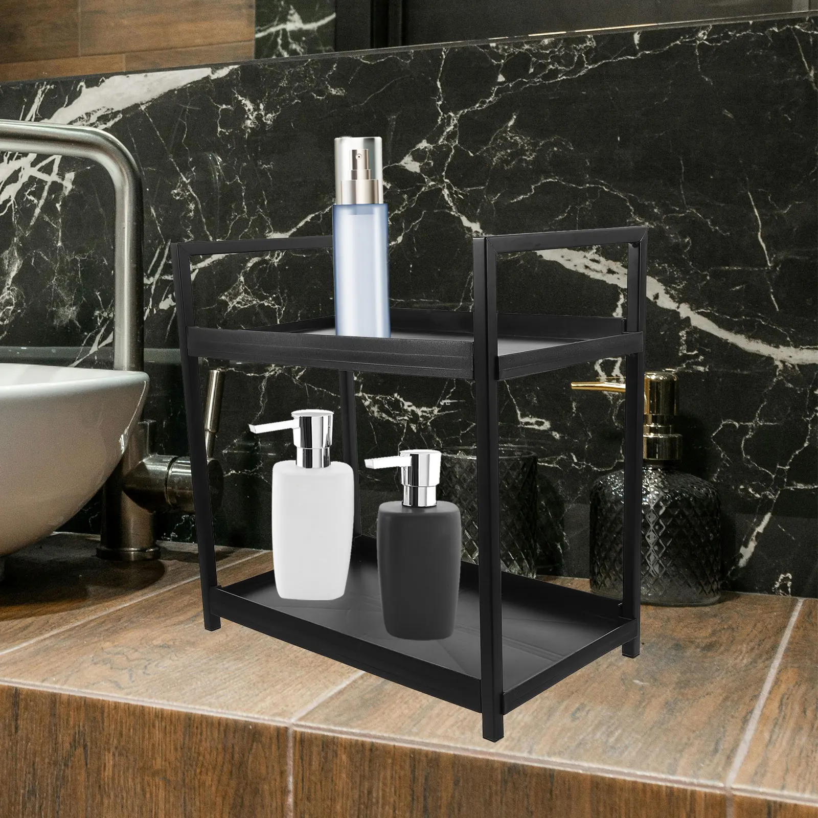 

Double Layer Storage Tray for Bathroom Vanity Countertop Organizer Perfume Jewelry Display Stand Iron Desktop Multi-Function