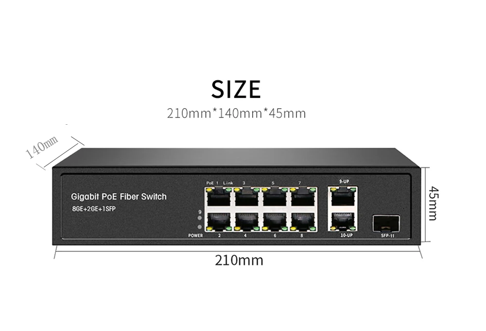 10-Port Gigabit PoE Switch 8-Port Uplink IP Camera Wireless AP IP Phone Power Supply 1U Rack Mountable Network Switch