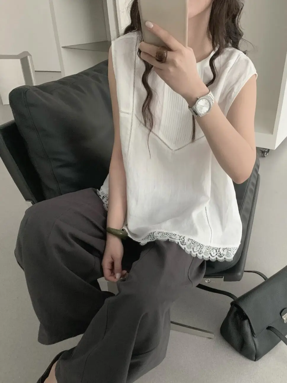 

Рубашка-топ Lilian Seven Meter из шелка с кружевной отделкой, без рукавов, универсальная, в корейском стиле, нежный дизайн, свободный крой