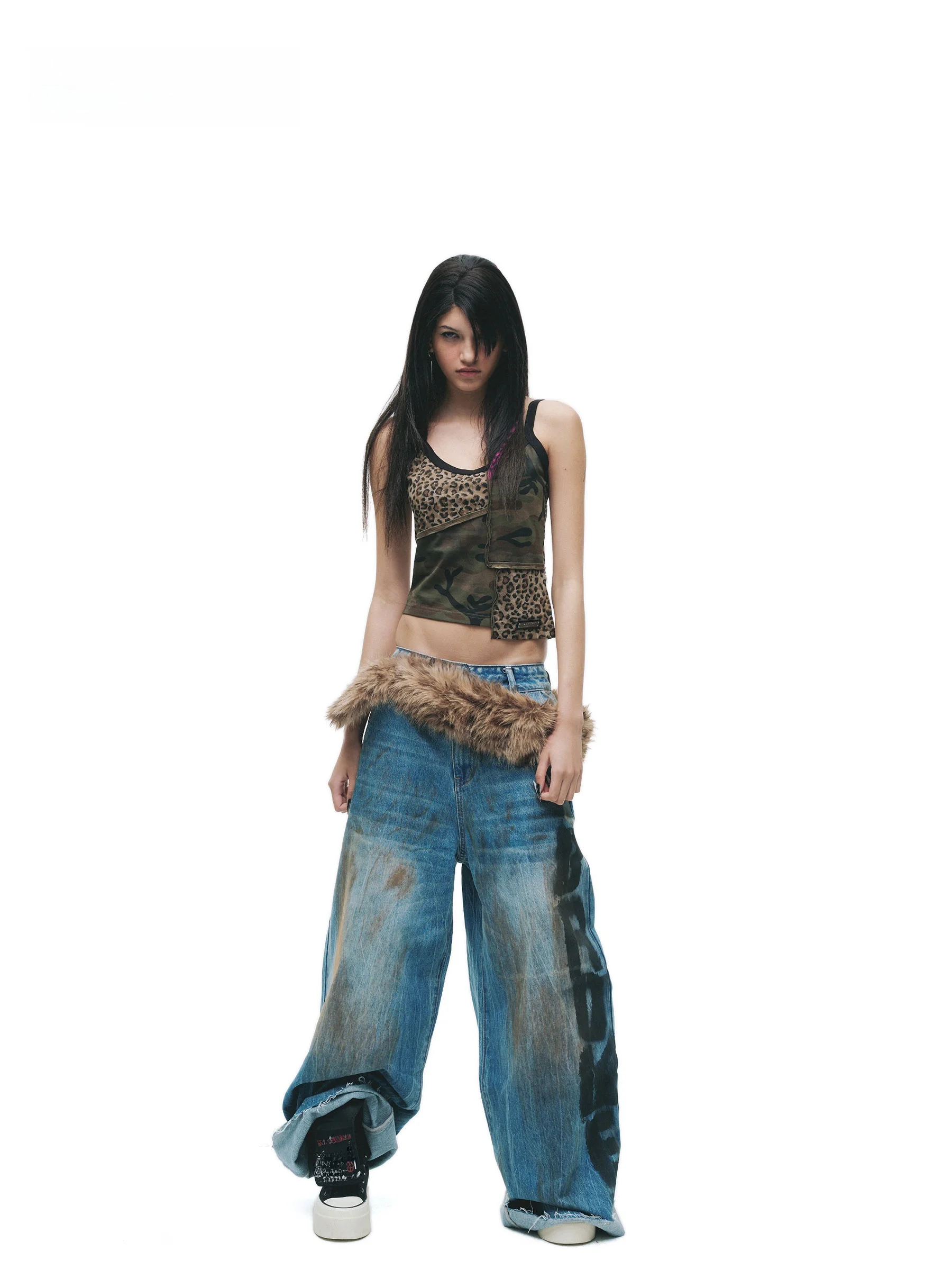 

Женский укороченный топ-камизол из хлопка с U-образным вырезом, в стиле панк, с асимметричным дизайном и эффектом потертости, модель 24ANS LTD