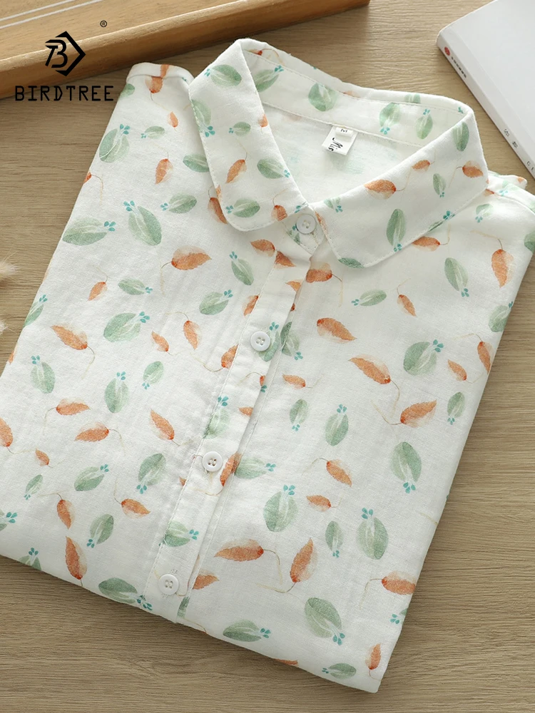 

New 2025 Autumn Cotton Yarn Long Sleeve Shirt, Women Turn-down Collar Printed, Mori Girl OL Commute Soft Loose Blouse T58222CC