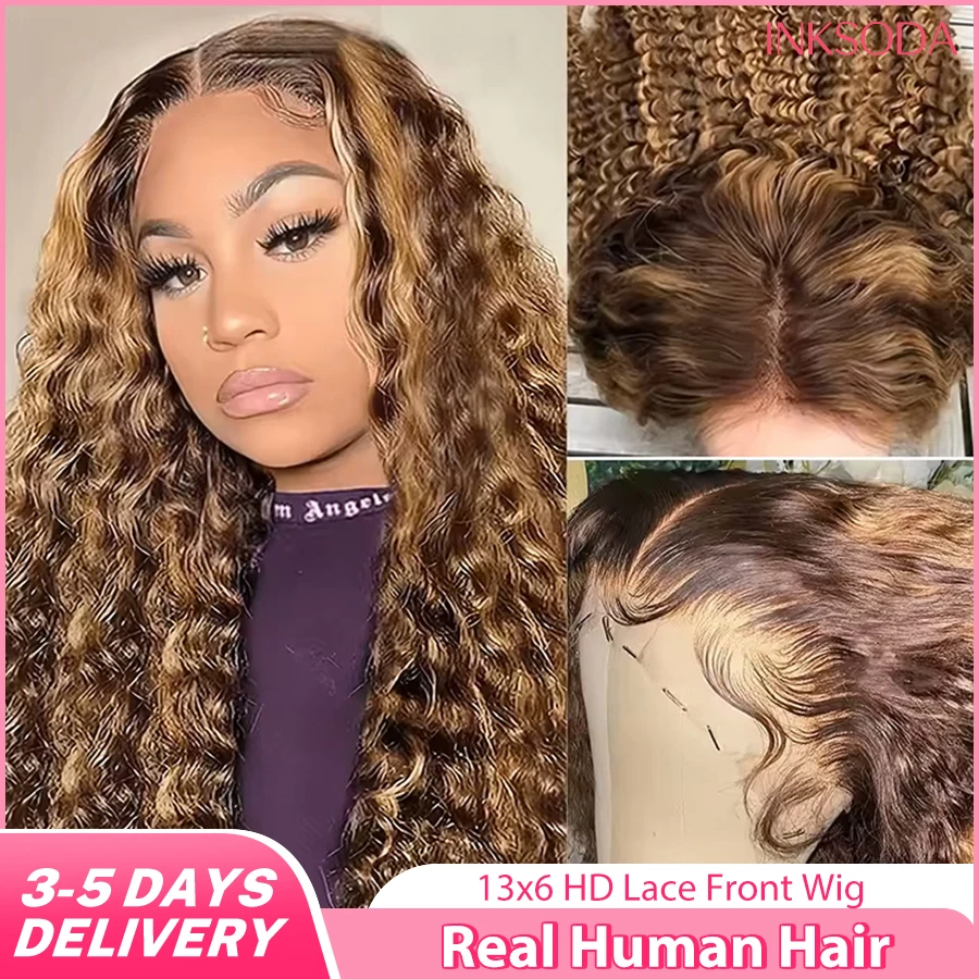 

Парик из натуральных волос с глубокой волной, 220% плотности, 36 дюймов, P427, с мелированием, 13x6 HD кружевной фронтальный парик, бразильские кудрявые волосы Water Wave для женщин