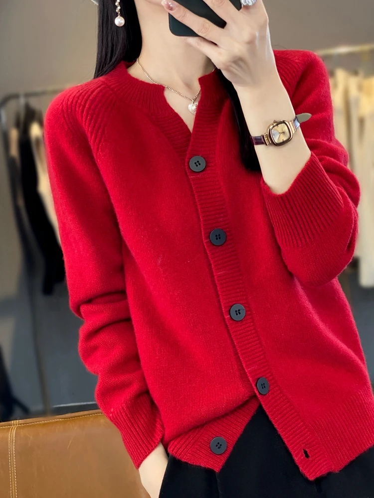 New Women V-Neck 100% Merino Wool Cardigan Preppy Style Cashmere Sweater Spring Autumn Buttoned Knitwear Long Sleeve Korean Tops