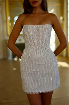ZHUISHU Lüks Kısa Gelinlik 2025 İnci İşlemeli Askısız Açık Sırtlı Parti Elbiseleri Özel Tasarım Mini Vestidos De Novia Boda 8 best sales Dantel denizkızı gelinlik - №3