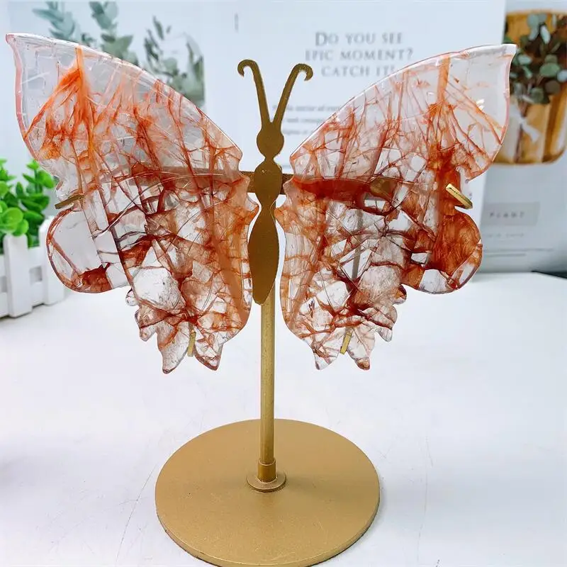 Natural Red Fire Quartz Hematoid Butterfly Wings Carving Quartz Healing Energy Gemstone Crystal Crafts Study Decoration 1pair