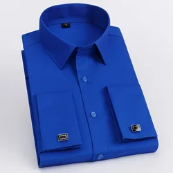 Chemise française à manches longues pour hommes, Slim Fit, smoking, avec boutons de manchette, en Poly/coton, col à Double boutons