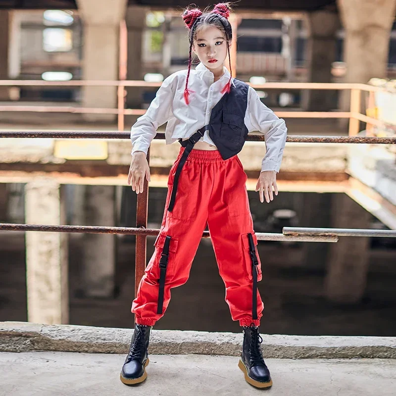 2025 New Fashion Hip-Hop Clothes Girls Jazz Dance Performance Costume Cropped White Shirt Red Loose Pants Street Dance Wear