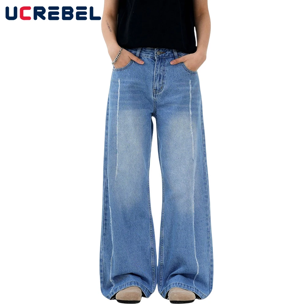 

Scratch Washed Distressed Jeans Mens Retro High Street Pocket Loose Straight-leg Wide Leg Denim Pants Men