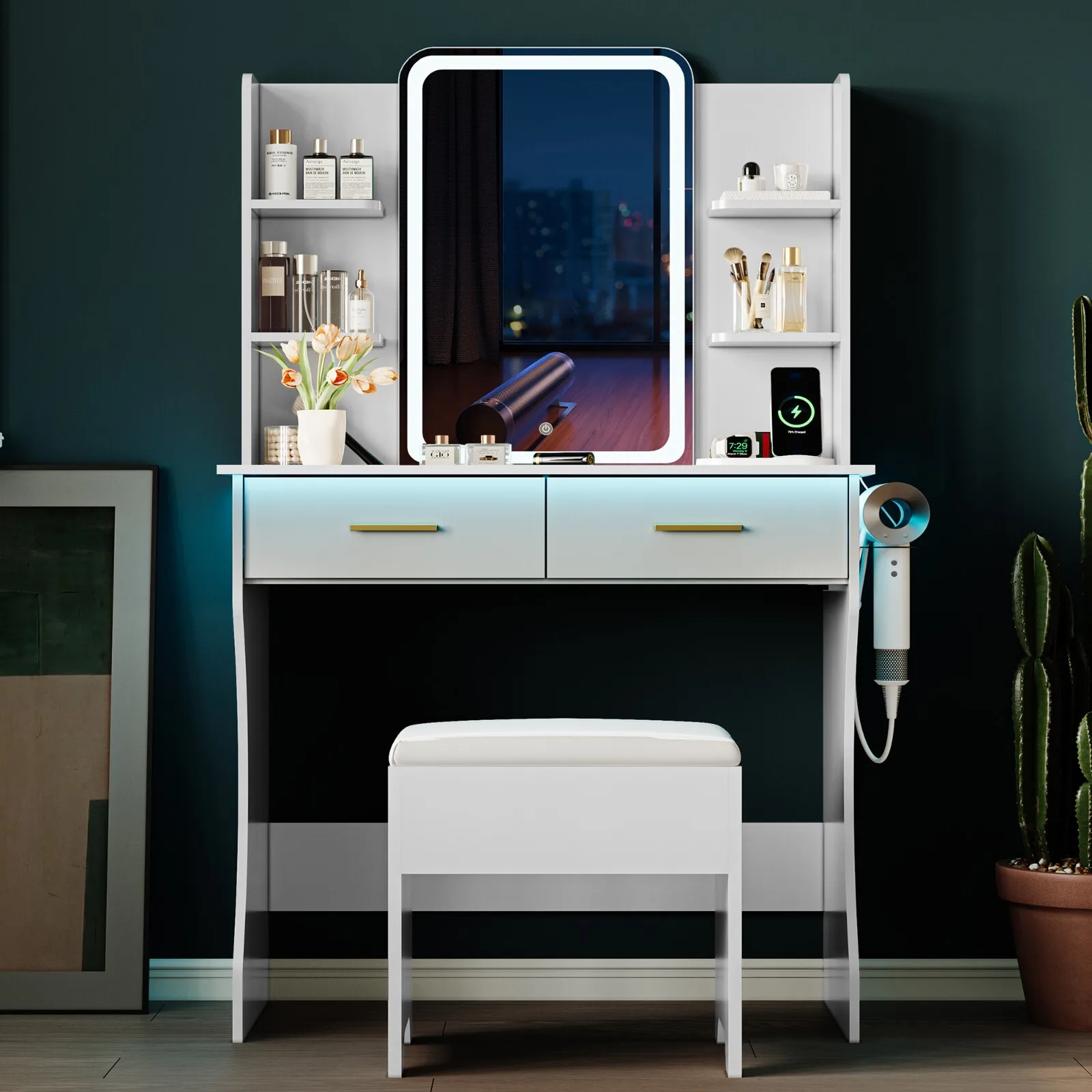 Tocador de maquillaje, tocador LED con espejo iluminado, tocador de maquillaje para dormitorio