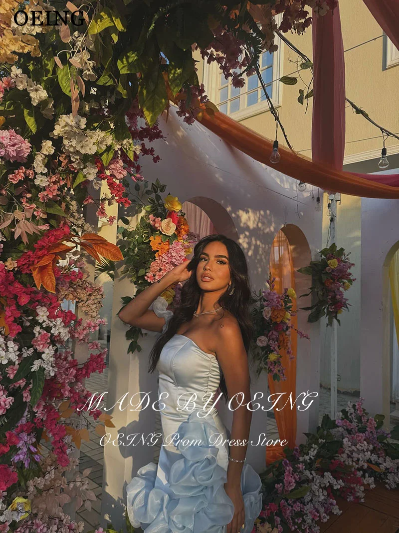OEING Simple Sky Blue Mermaid Prom Dresses Mini Sleeveless Strapless Satin Party Gowns платье вечернее Customized