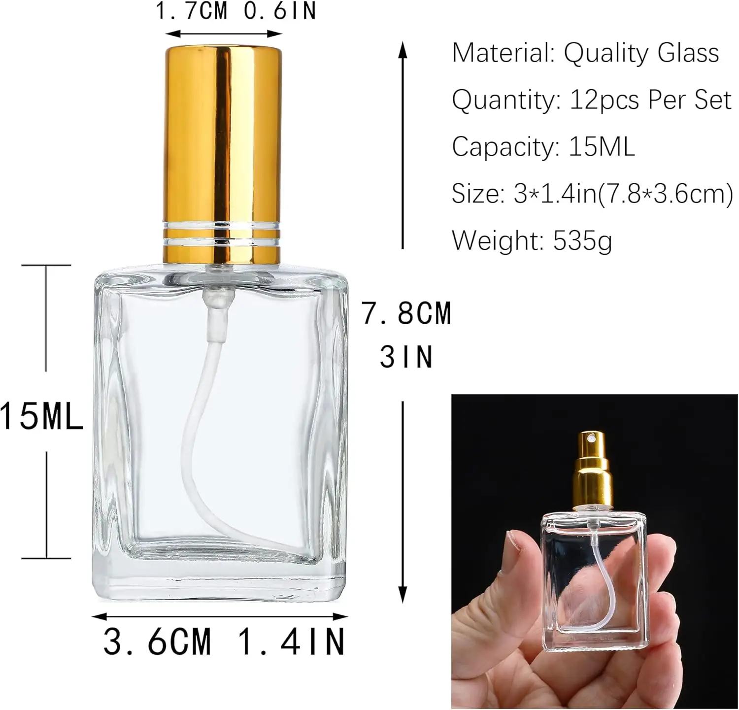 12pcs+6 accessories 15ml transparent perfume spray bottle, including 12 spray bottles, 3 funnels, and 3 sub-packing artifacts