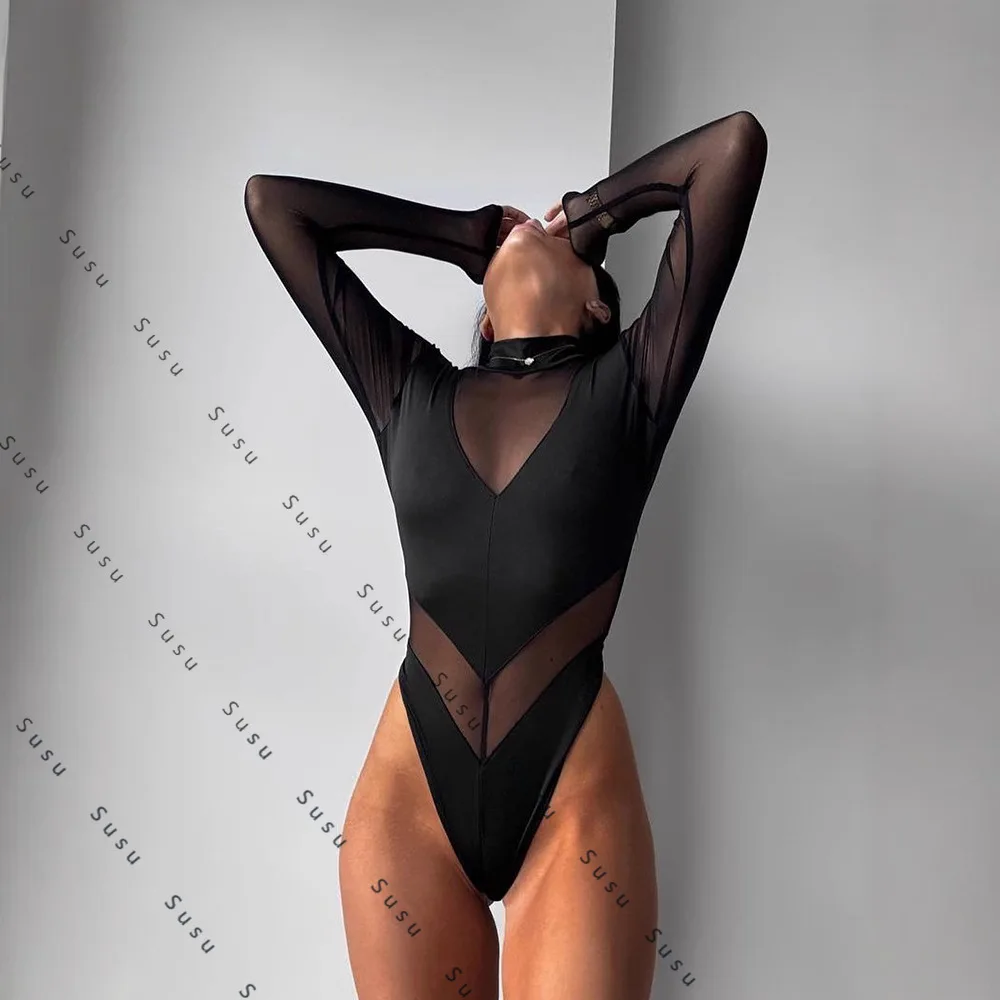 

2025 new beautiful women's clothing new fashion temperament semi-turtleneck long-sleeved sexy mesh stitching slim onesie