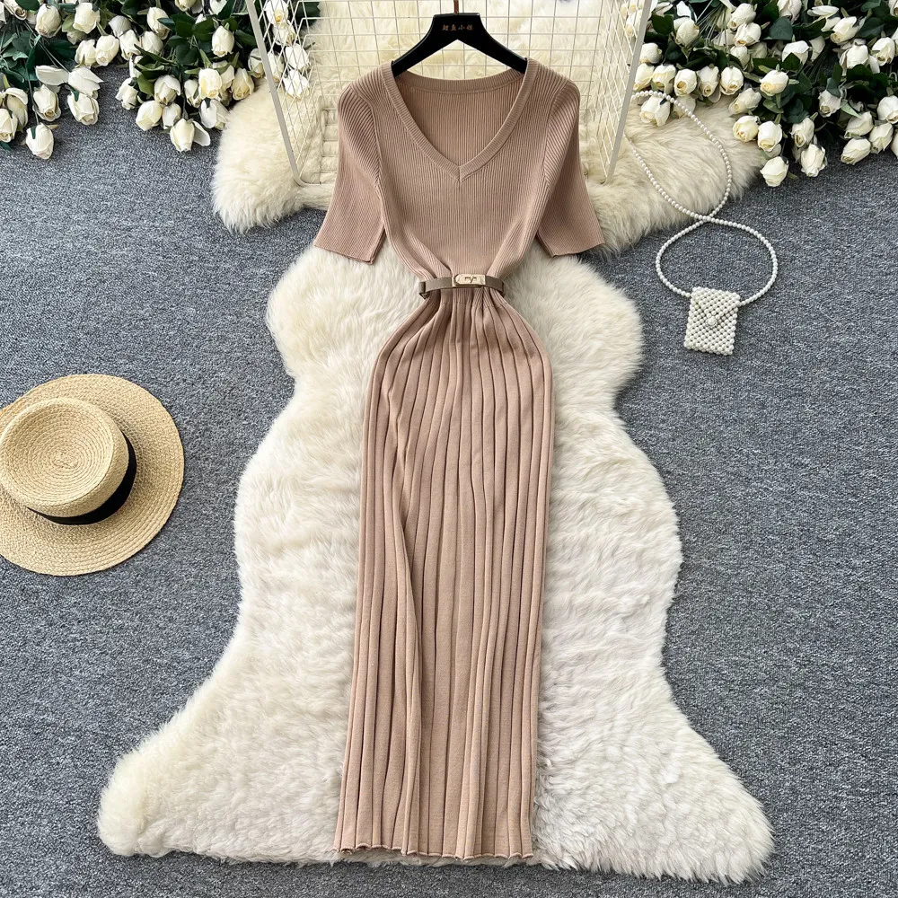 

Women Long Dress Knit Dresses Sexy Vestidos Y2k Streetwear V Neck Short Sleeve Hip Wrap Elegant Splice Party Night Work 2026