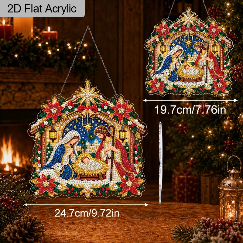 2D Flat Acrylic Christmas Diamond Art Ornaments Kits, Nativity Scene Lace-Edge with Pre-Attached Chain, Mixed-Size Beads DIY