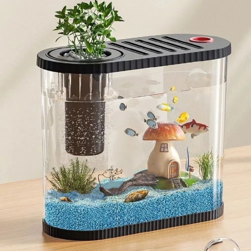 

Shatterproof Tabletop Fish Bowl Transparent with Filter Compartment Plastic Fish Tank Space-Saving Clear Table Fish Bowl