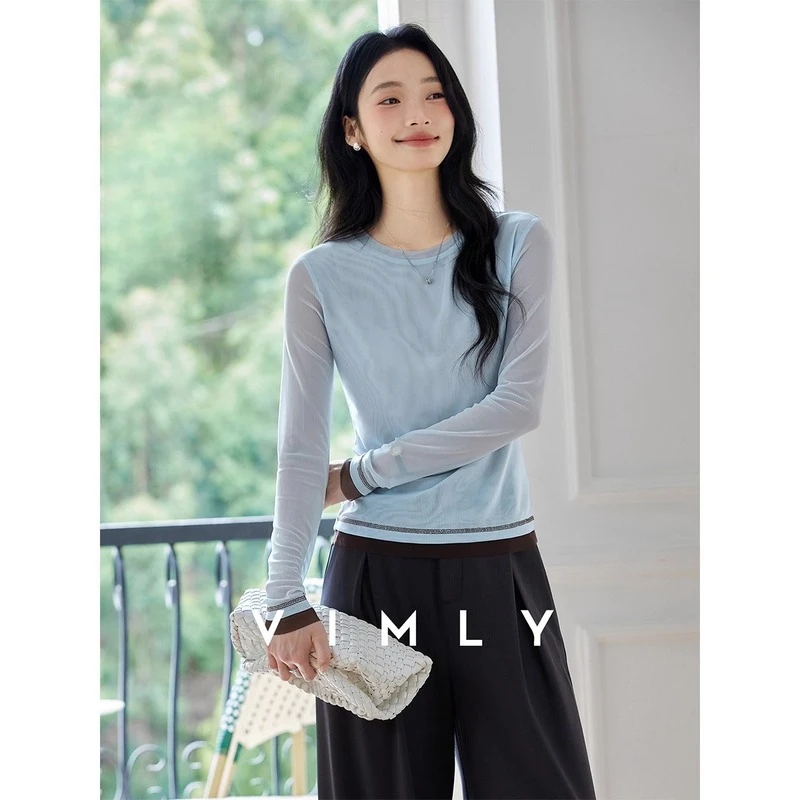 

VIMLY Long Sleeve T-shirts Autumn Women 2025 Casual Round Neck Contrasting Combined Gauze Slim Woman Tops Chemises Femmes A2128