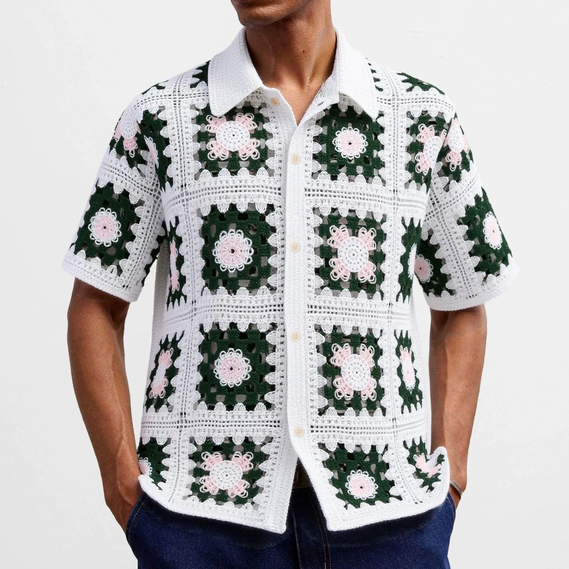 Fashionable men's French retro crochet knit shirt, casual versatile hollow short sleeved knitted polo shirt, cardigan top