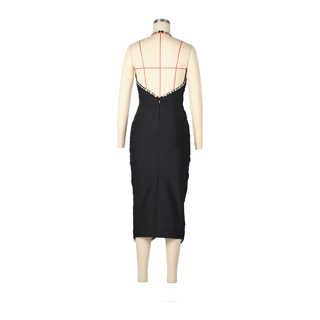 Vrouwen Nieuwe Zwarte Kwastje Bandage Jurk Strass Borduren Halter Diepe V-hals Backless Knielengte Avond Club Feestjurk