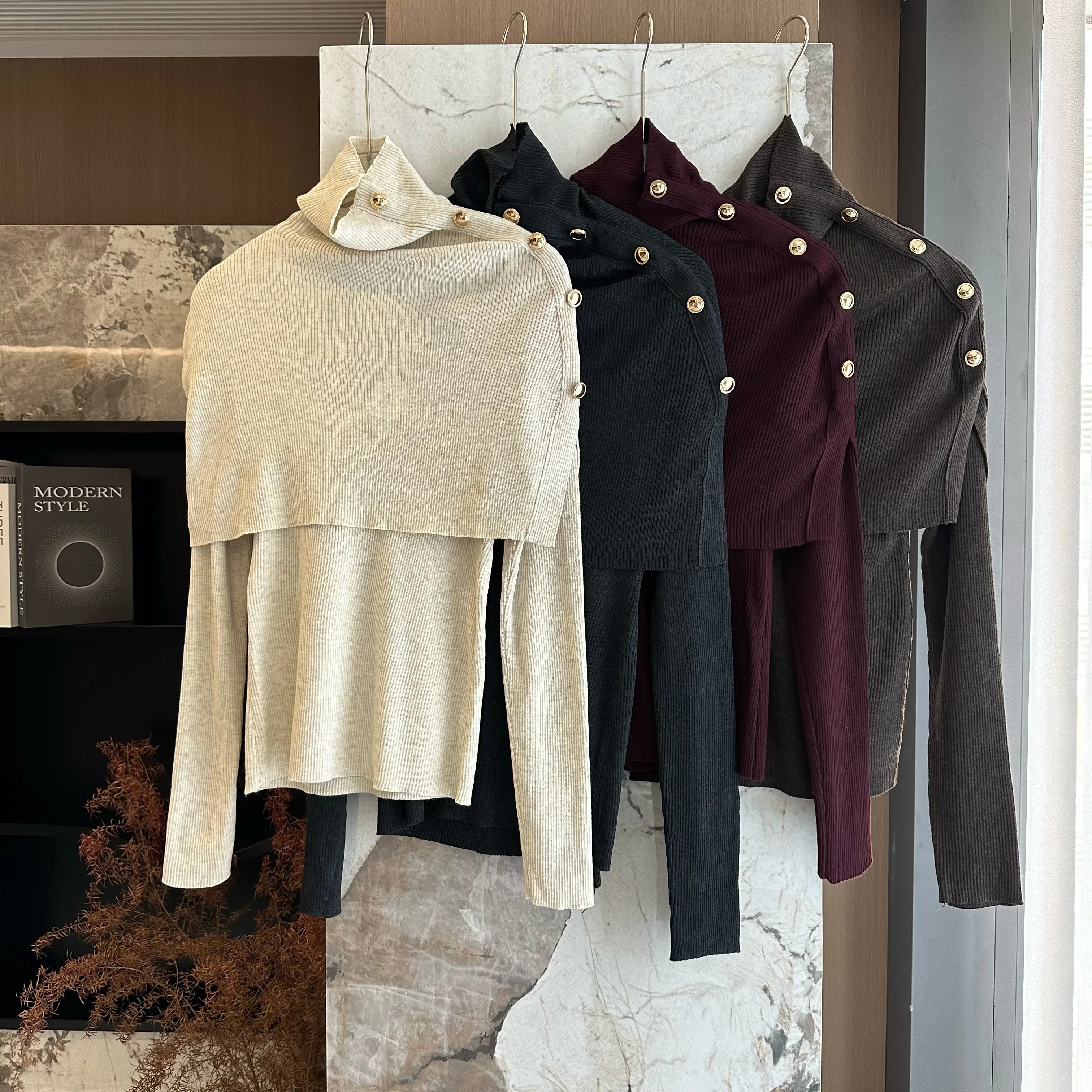 

Women's Autumn Winter Elegant Turtleneck Cape Long Sleeve Sweater Lady Solid Color O Nec Slim Pullover Sweater With Cloak Shawl