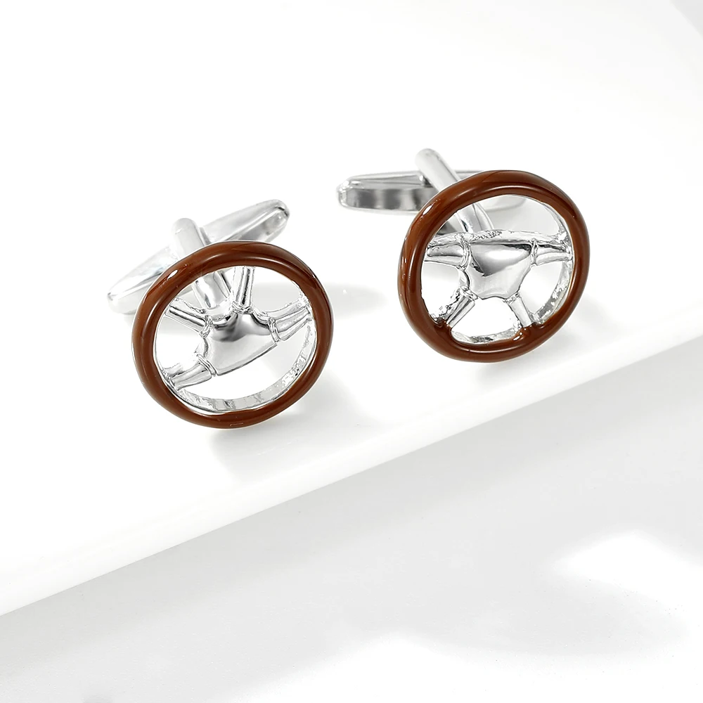 2Pcs Brown Car Steering Wheel Design Mens Cufflinks Driver Shirt Suit Tuxedo Blouse Round Sleeve Button Jewelry