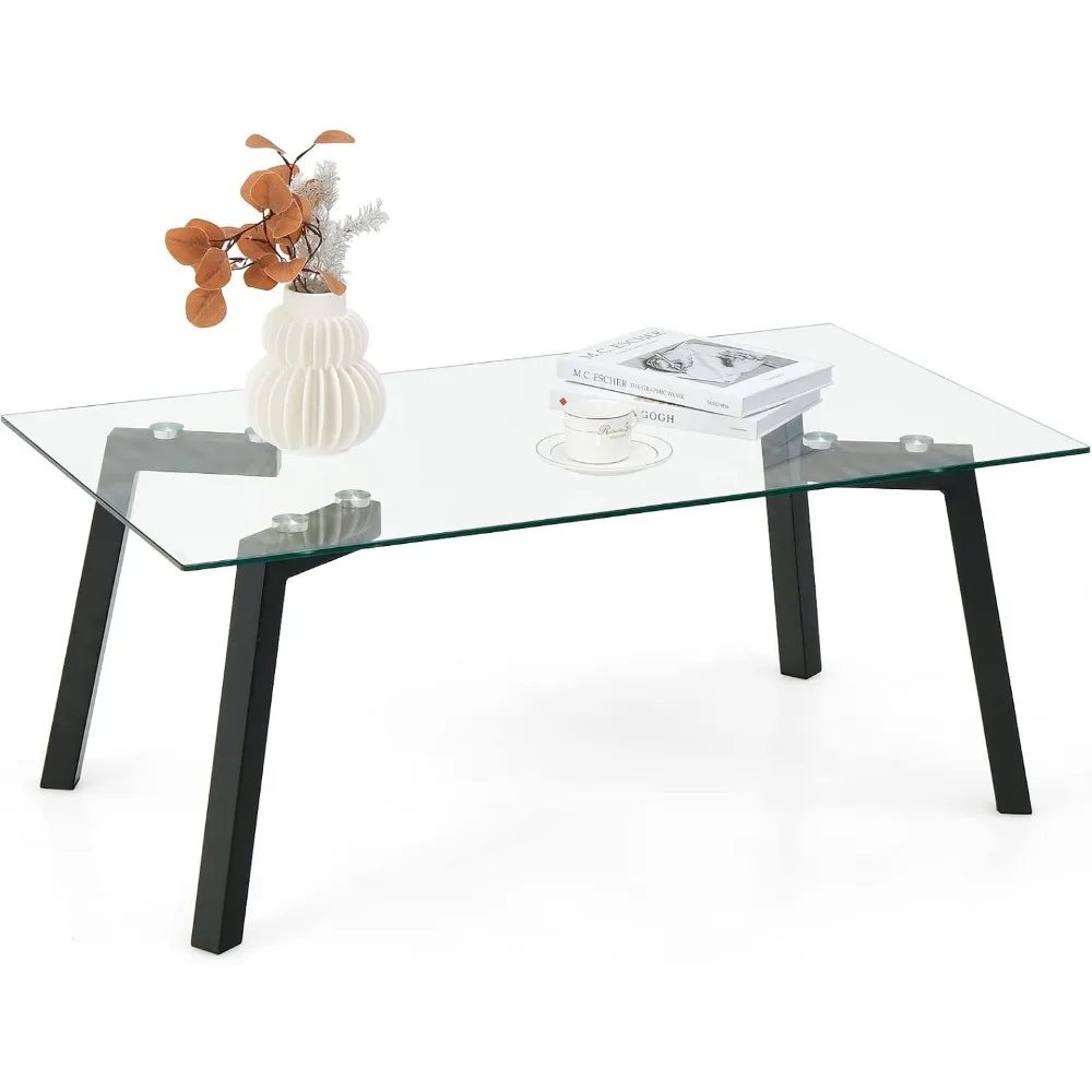 Tempered Glass Coffee Table, Rectangular Center Table with Heavy Duty Metal Frame, Modern Cocktail Table, Clear Tea Table