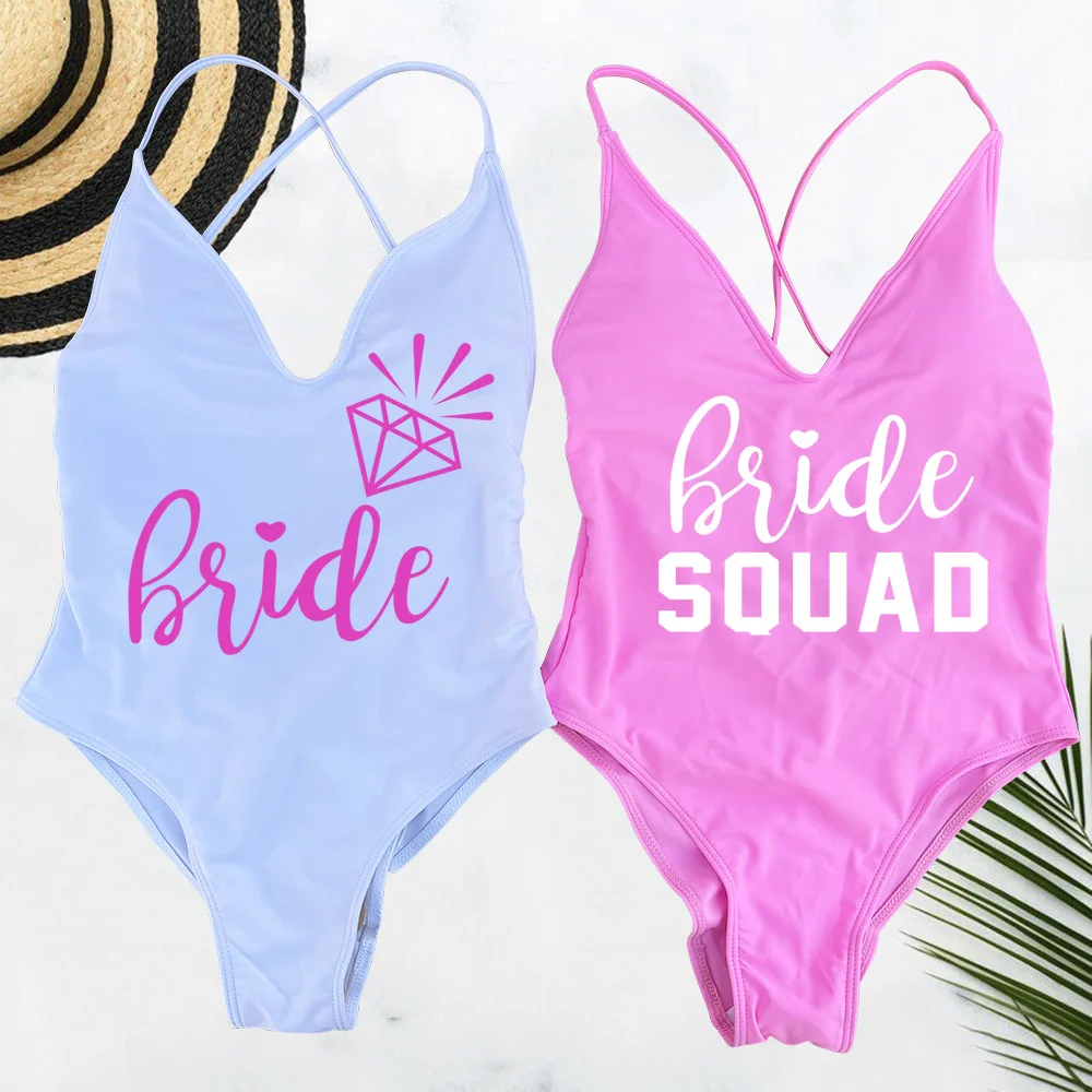 

Padded Sexy BRIDE SQUAD Letter Print One-Piece Swimsuit Swimwear Women Bikini Bathing Suit Summer Bodysuit Backless Monokini
