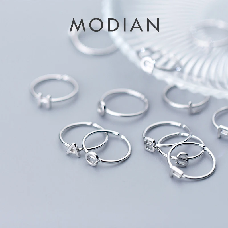 Modian Fashion Simple Adjustable A-Z Letter Ring Real 925 Sterling Silver Charm Stackable Finger Rings For Women Party Jewelry