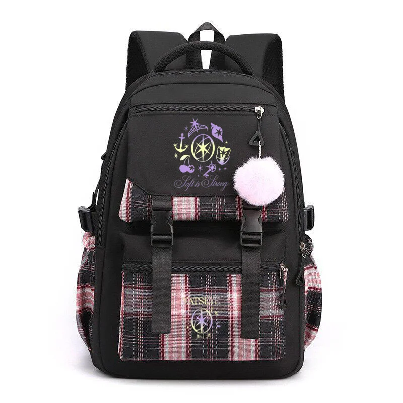 Plaid Spliced School Backpack For Teen Girls Cartoon Character Print Large Capacity Rucksack Multi Pocket Student Fans Gift Bags