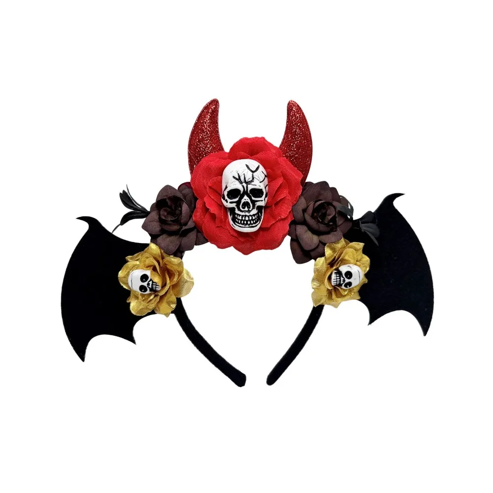 

Gothic Skull Head Hair Hoop Dark Bat Halloween Skull Headband Simulation Flowers Headdress Day of The Dead Hairband Party
