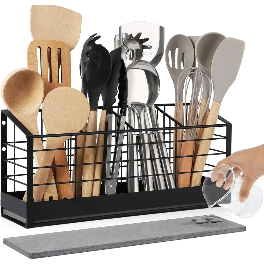

Large Utensil Holder for Kitchen Counter:Kitchen Cooking Utensil Holder Organizer with Diatomaceous Earth Base Matte Black 4 Co