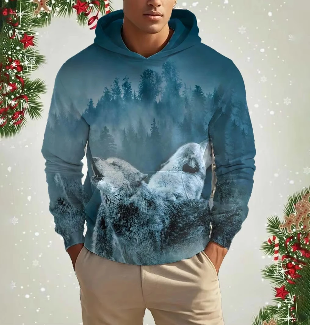 عيد الميلاد هوديي الرجال مقنعين الحيوان الذئب ثلاثية الأبعاد طباعة هوديس قمة الخريف البلوز المتضخم بلوزات طفل هوديي المرأة هوديي #5