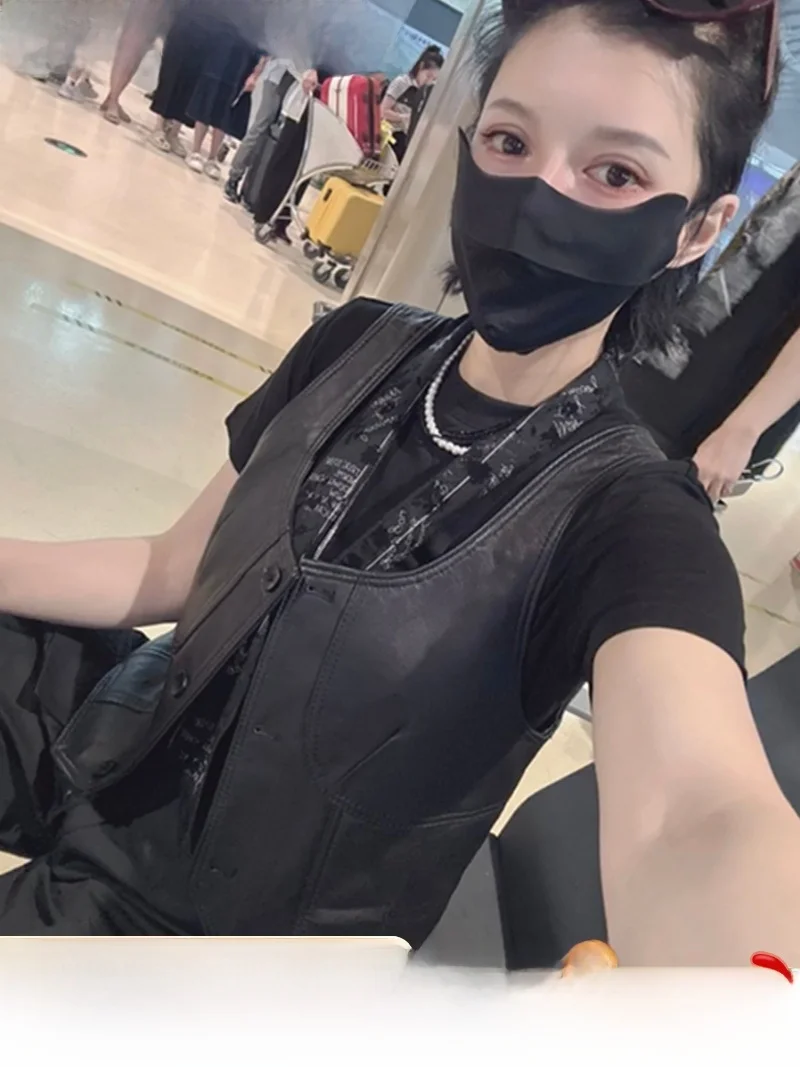 

Faionable ort Leather Vest Women's Outerwear Street Sle U-Ne Single Button Closure 2024 Autumn New Arrival Slimming