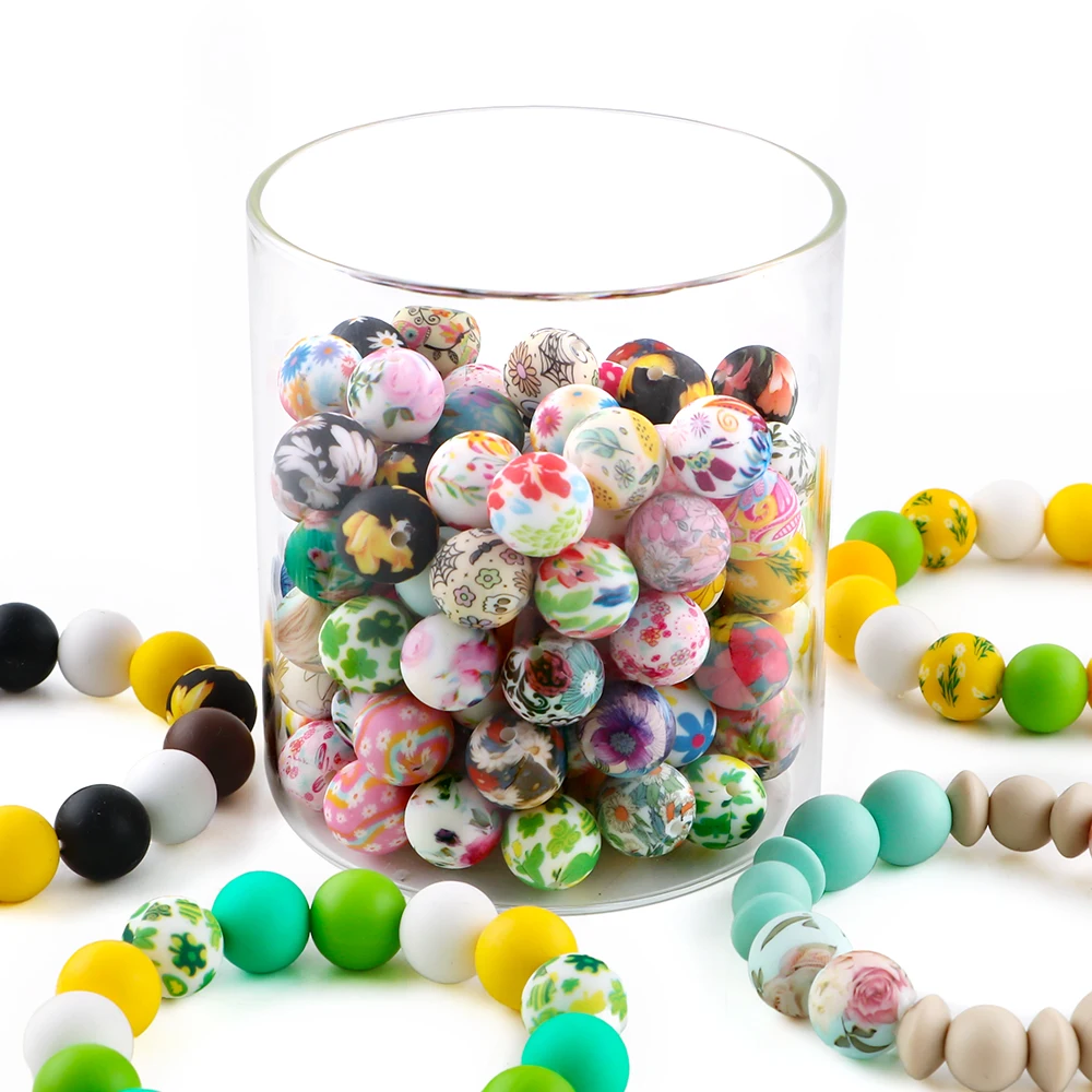 

50/100pcs Hot Sales 15mm Silicone Printed Round Beads For Making Jewelry DIY Bracelet Necklace Earring Keychain Accessories