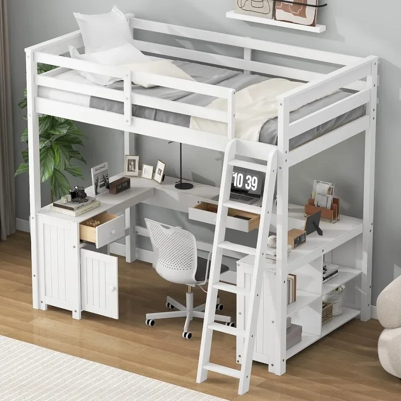 

Harper & Bright Designs Full Size Loft Bed with U-Shaped Desk, Wood Full Loft Bed Frame with Cabinet, Drawers and Storage Shelve