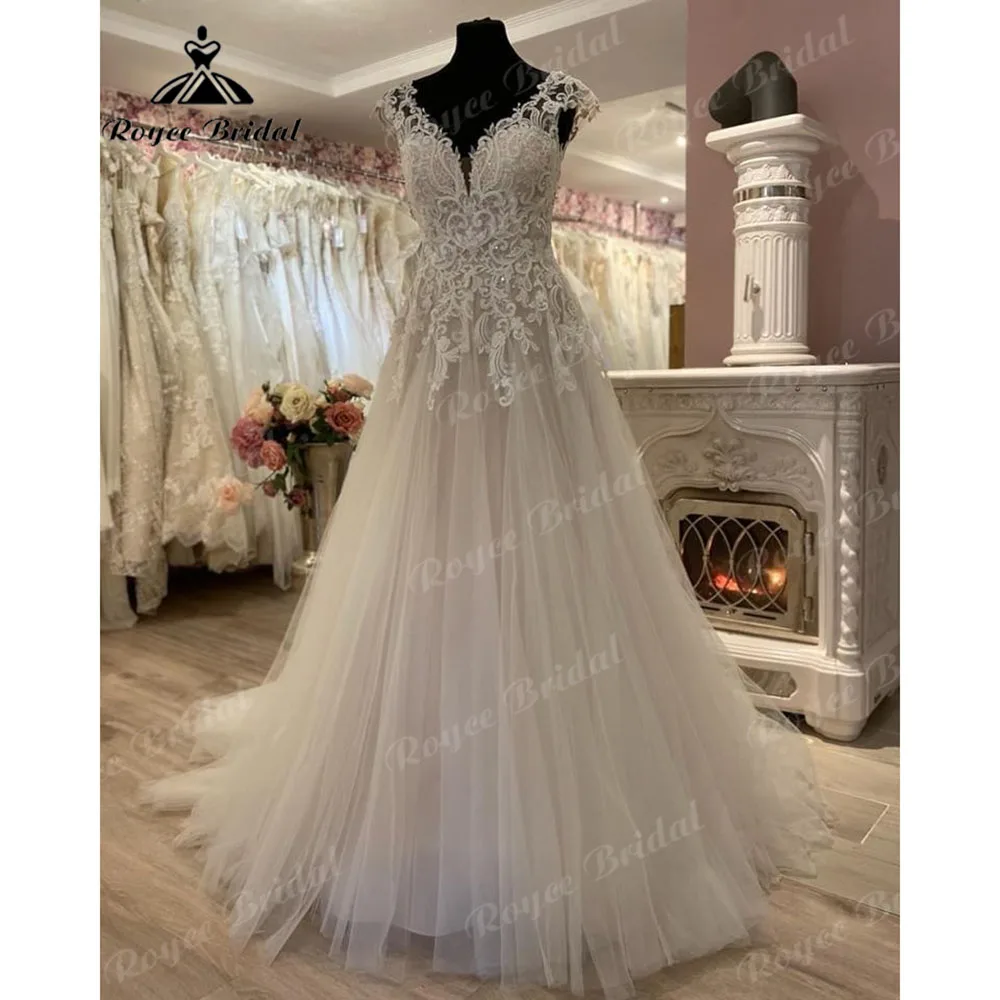 Vestido Novia Cap Short Sleeve Lace Boho Wedding Dress with V Neck Backless 2024 Countryside Bridal Gown Custom Made Roycebridal