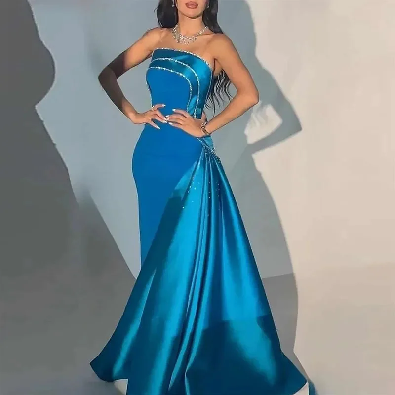 

Blue Strapless Mermaid Prom Dresses, Beaded Sequined, Draped Evening Gown, Side Train Satin Celebrity Dress, Fashion