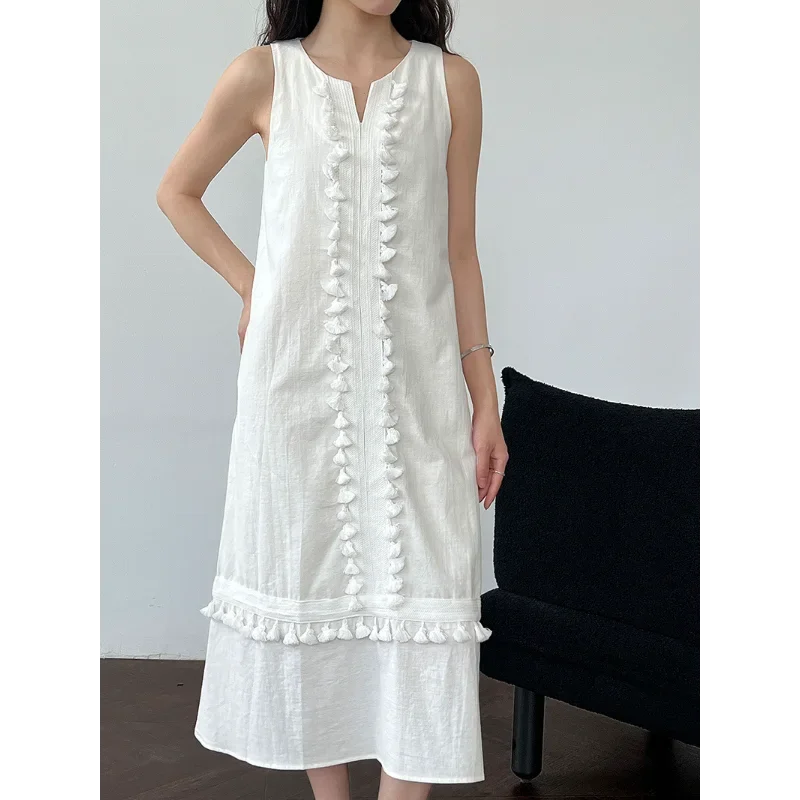 

Bohemian Tassel Stitching Loose Lazy V-neck Long Dress Women Summer New Basic Simple Sleeveless Female Vest Dress