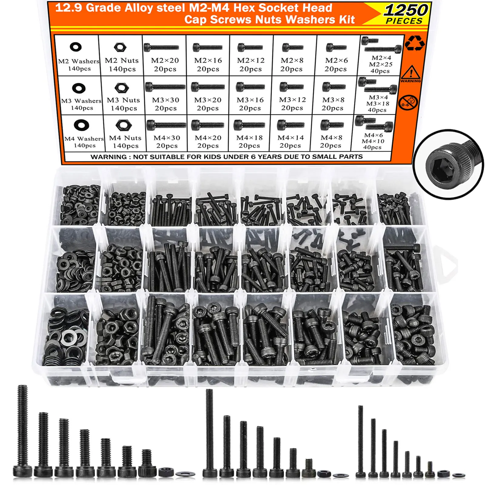 

1250 шт. M2 M3 M4 комплект метрических болтов, винты с шестигранной головкой 4-30 мм, машинные болты из легированной стали 12,9, гайки, шайбы, ассортимент