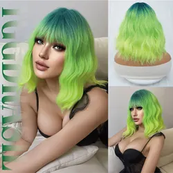 14Inch Acid Style Green Ombre Helloween Cosplay Synthetic Wigs with Bangs Short Wavy Hair Wig for Women Party Heat Resistant