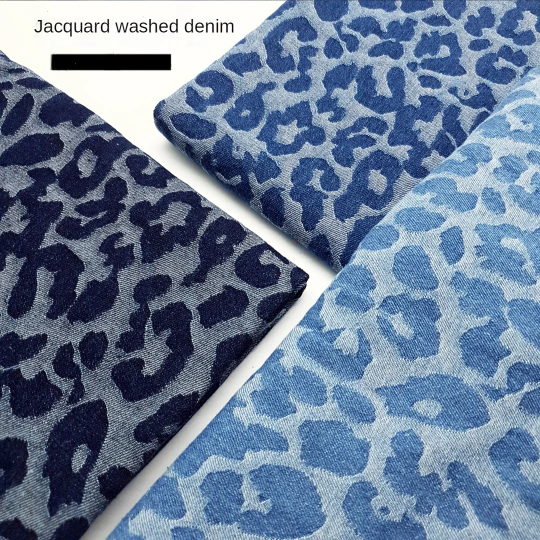 Jacquard Denim Fabric By The Meter for Sewing Jeans Shirts Clothing Coats Fashion Washed Cloth Thickend Diy Black Leopard-print