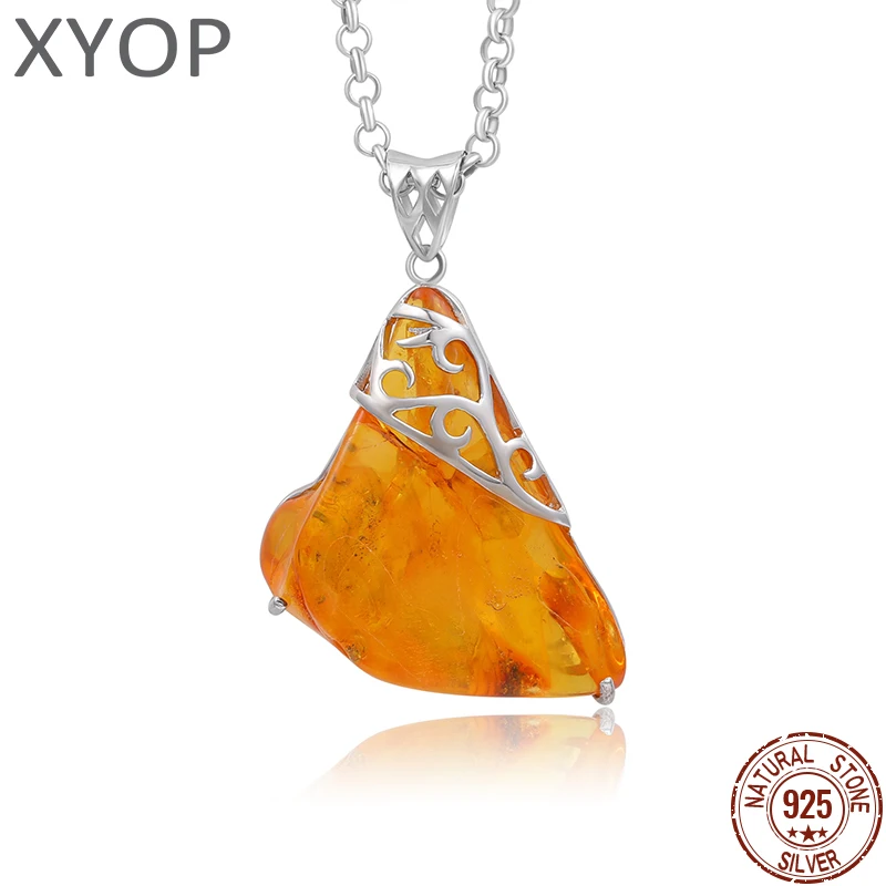 XYOP Natural Insect Amber Pendant Irregular Shape Ambers Original stone Charms 925 Sterling Silver Pendant Necklace Amulet Gift