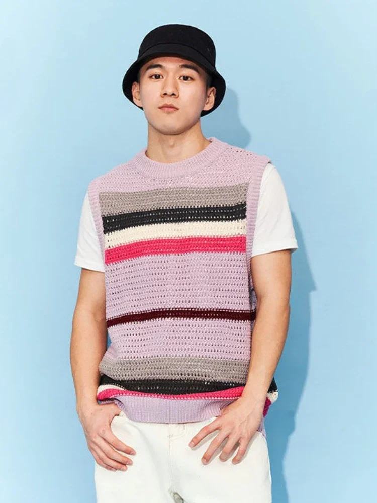 Men's Clothing Waistcoat Knit Sweater Male Sleeveless Striped Crewneck Vest Mesh Round Collar Japanese Retro 2024 Trend Jumpers