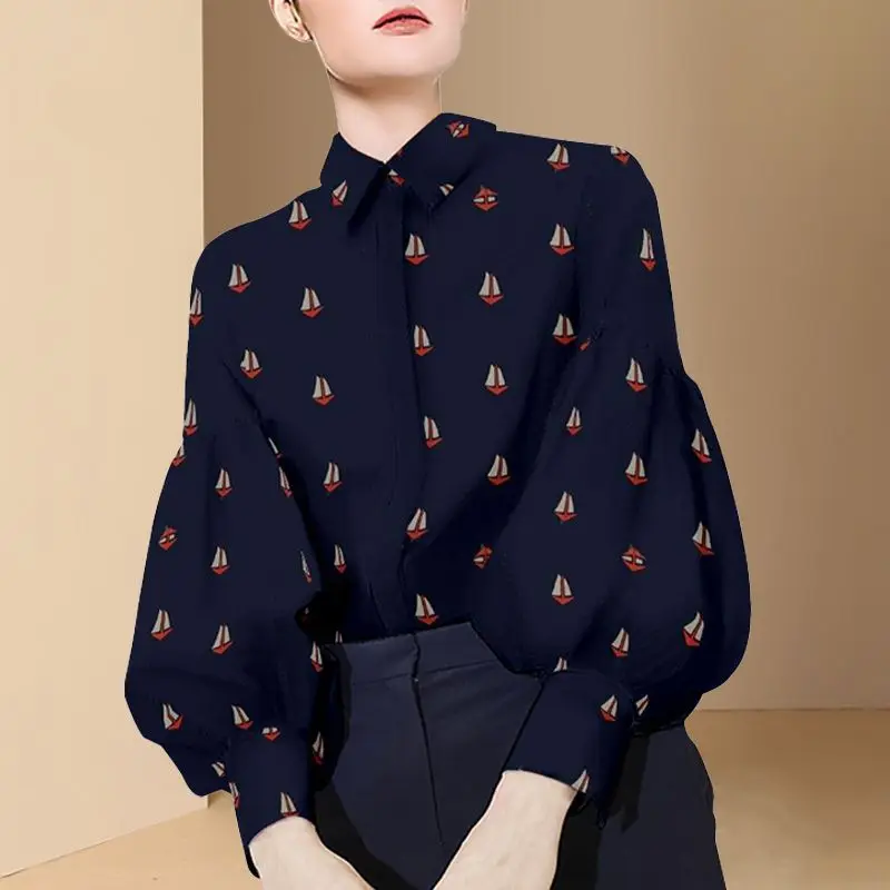 New Women French Style Vintage Print Chic Design Shirts Office Lady Elegant Commute Blouses Lapel Lantern Long Sleeve Loose Tops