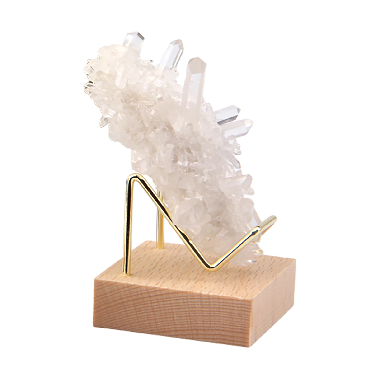 Stone Crystal Cluster Stand With Metal Arm And Wooden Base Mineral Specimen Display Holder Home Decoration Accessories