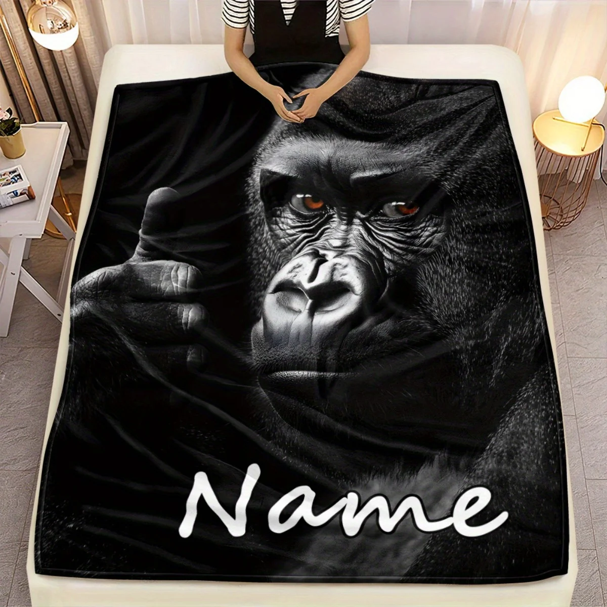 1, Gorilla-Daumen hoch, individueller Namensdruck, tragbare Flanelldecke, leicht, warm, Ganzjahres-Digitaldruck, geeignet für Sofa