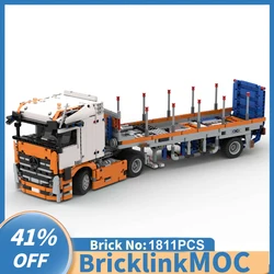 1811PCS Actros Engineering Container Heavy-duty Tow Truck with Tail-Lift Trailer creative ideas Toy technology Blocks MOC-42128