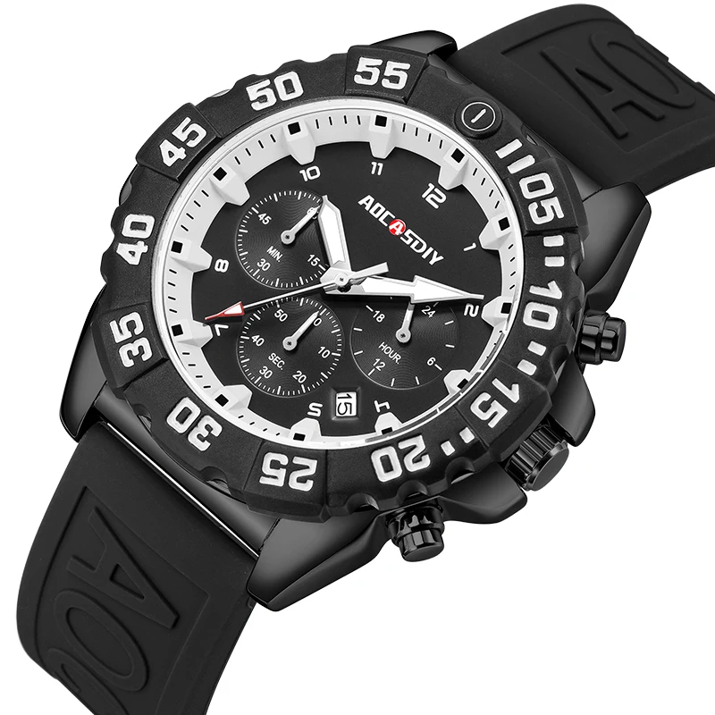 AOCASDIY High Quality Fashion Men\'s Luxury Multi-Functional Silicone Belt Waterproof ChronoGraph Calendar Luminous Sports Watch