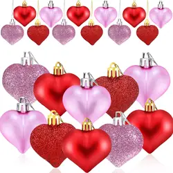 12/24 Heart Shaped Hanging Ornaments Red Heart Baubles Plastic Pendant for Valentine's Day Wedding Xmas Anniversary Decor