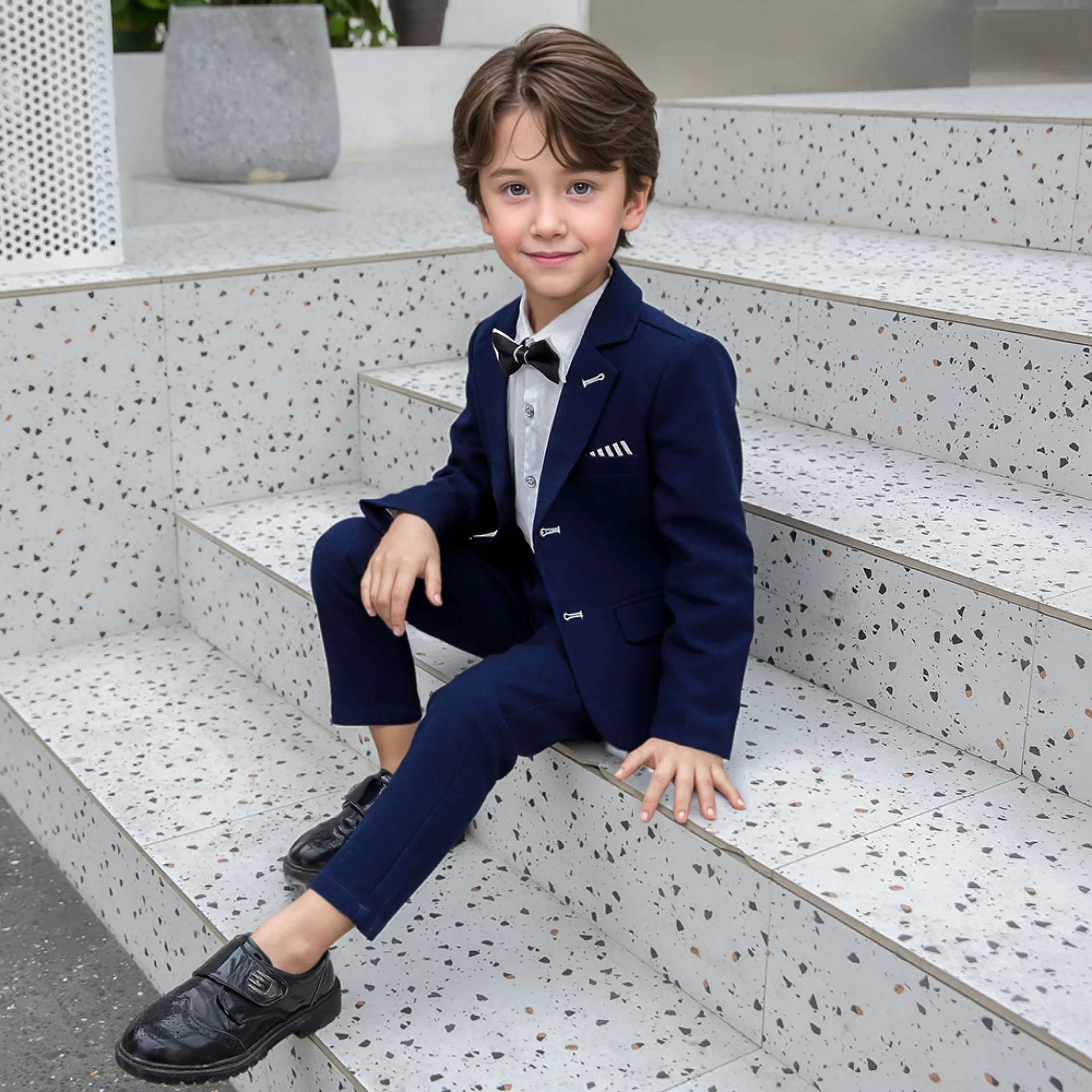 Boys Formal Blue Suit With Jacket Pants Kids Wedding Birthday Prom Outfit Children's Piano Speech Performance Costume